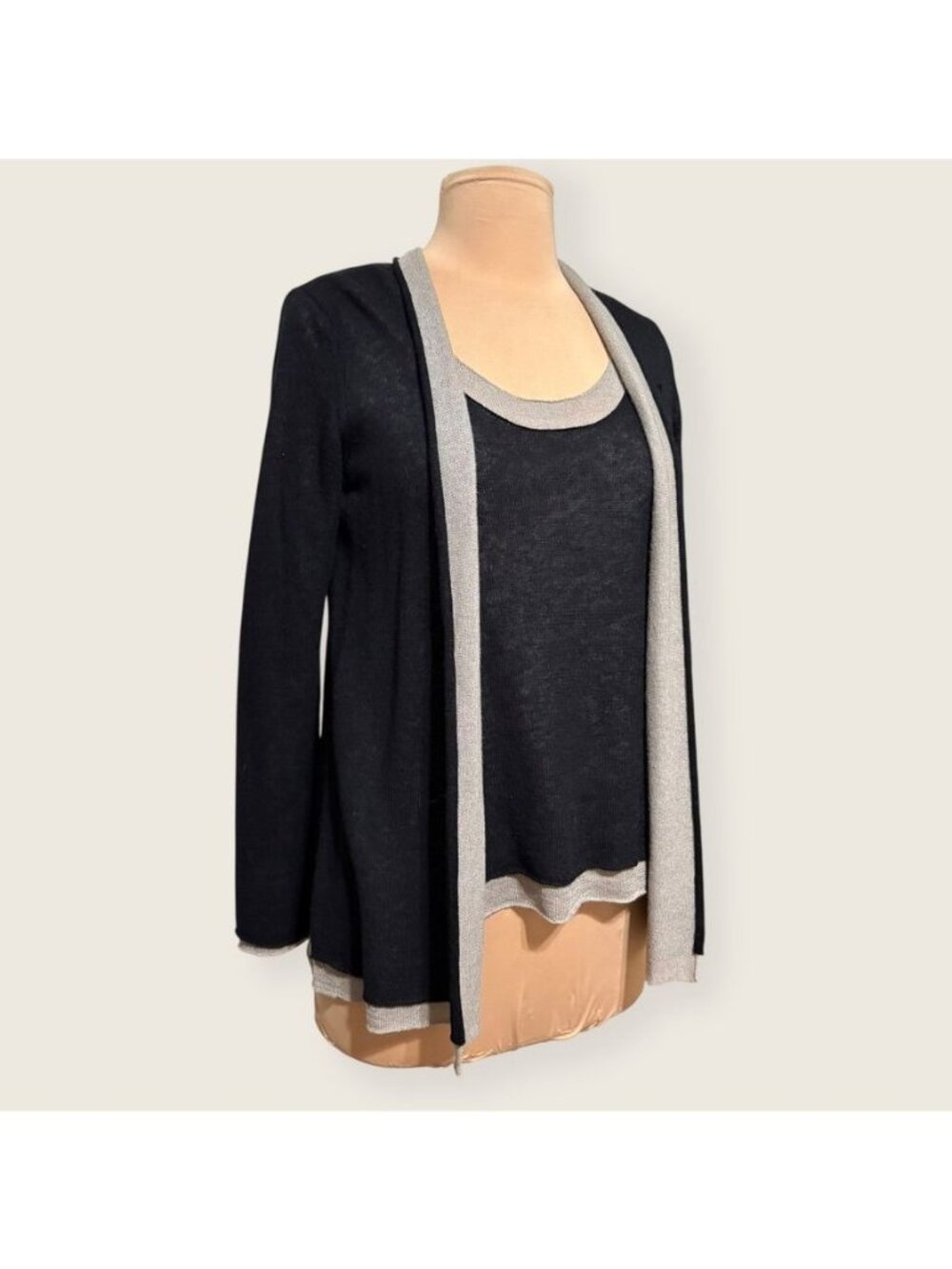 Eileen Fisher Layered Knit Set XSP Black Taupe Top Tank Sweater Cardigan EUC